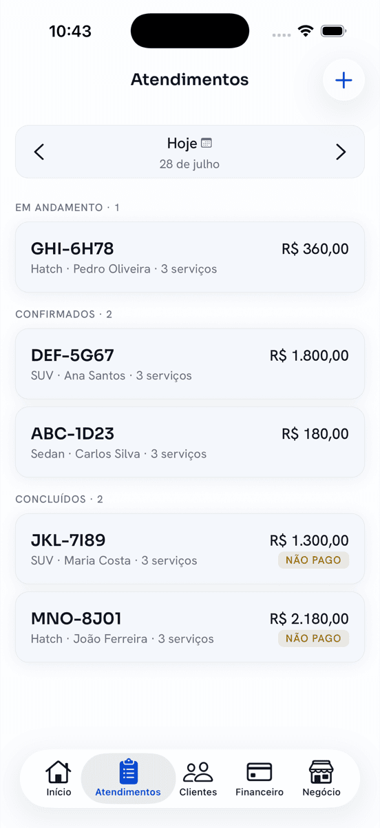 Tela de atendimentos do dia 28 de julho, com um carro em andamento, dois confirmados e dois concluídos, cada um com placa, cliente e valor